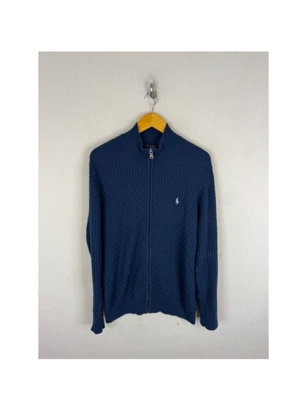 Polo Ralph Lauren Mens XL Navy Blue Full Zip Cotton Basket Weave Knit Sweater
